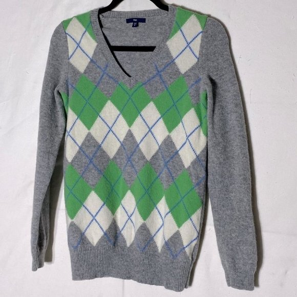 GAP Grey White Green Argyle Lambswool Knit V Neck Sweater S - Picture 2 of 11